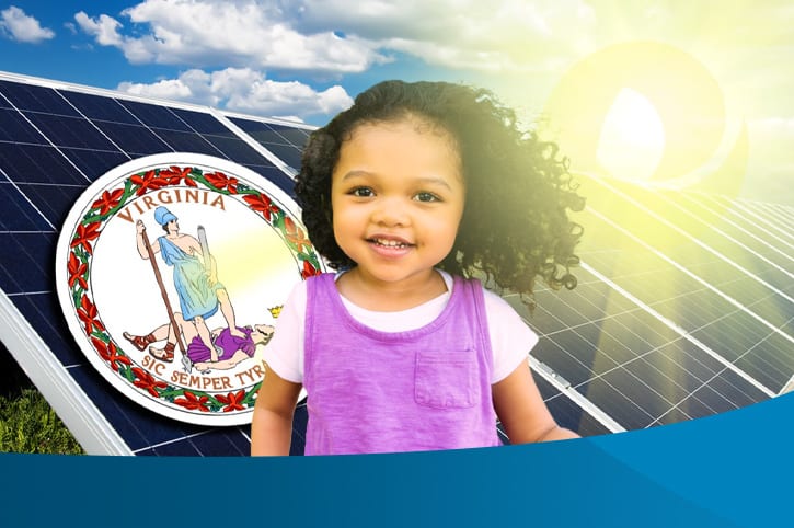image of solar panels and virginia flag with little girl