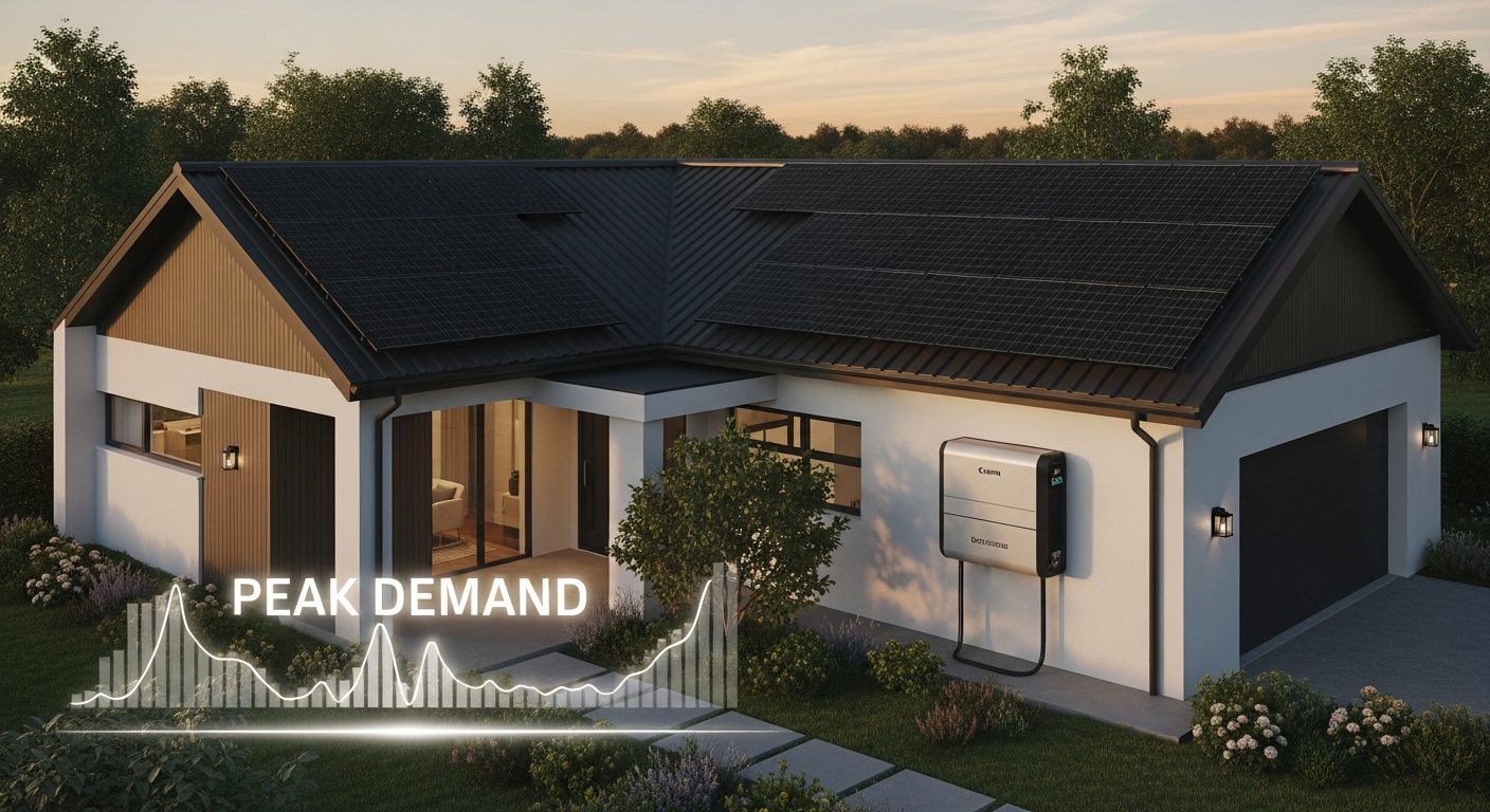 A modern home with rooftop solar panels and a battery storage system, illustrating how solar can help reduce peak demand charges through stored energy use.