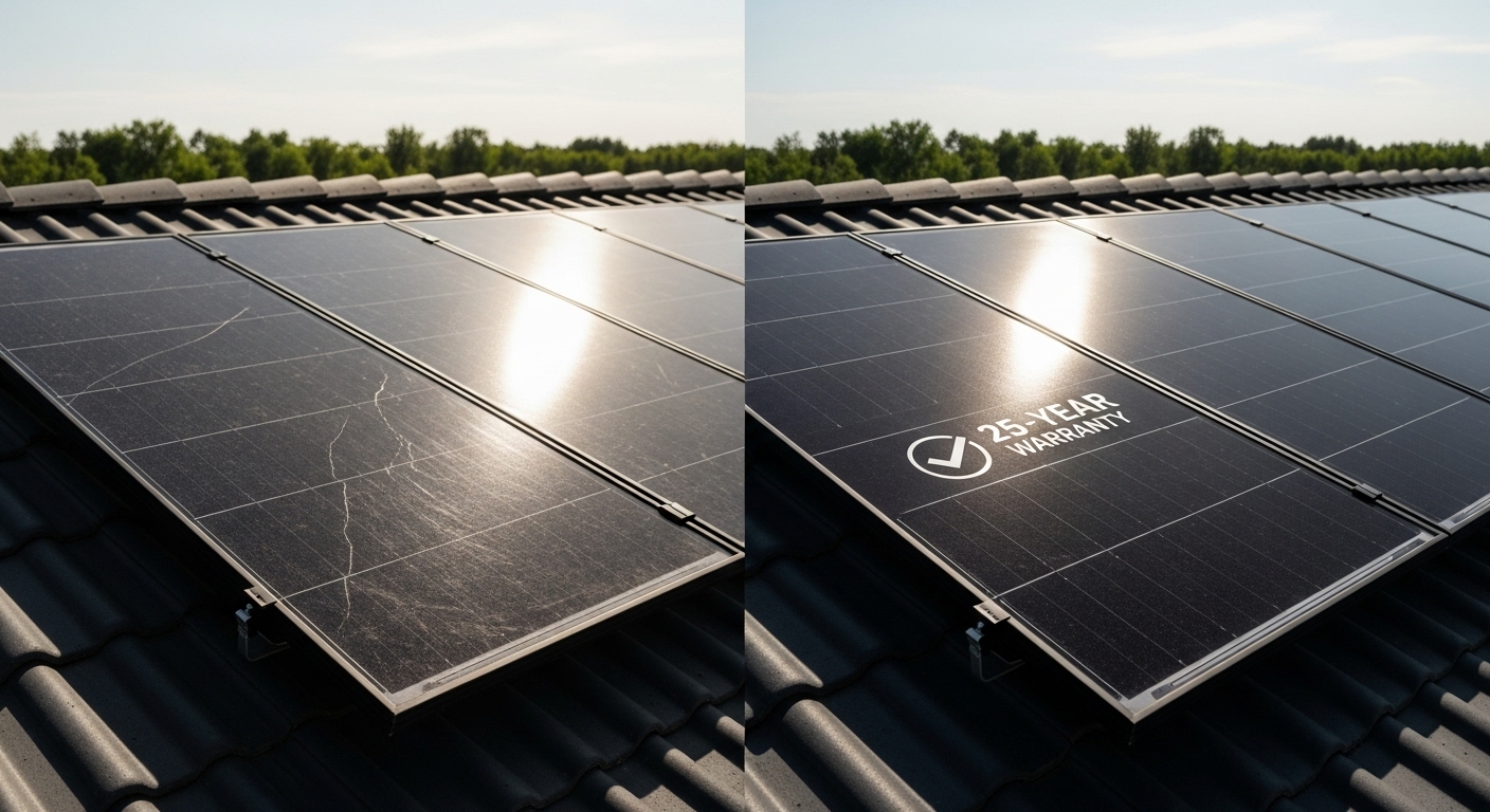Side-by-side comparison showing low-cost solar panels with visible cracks next to premium panels with a 25-year warranty, illustrating the impact of solar panel quality and the risks of budget solar options.
