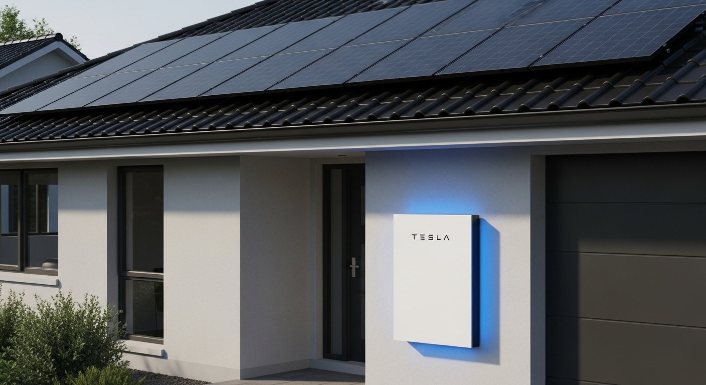 A modern home with rooftop solar panels and battery storage installed for capturing excess solar energy.