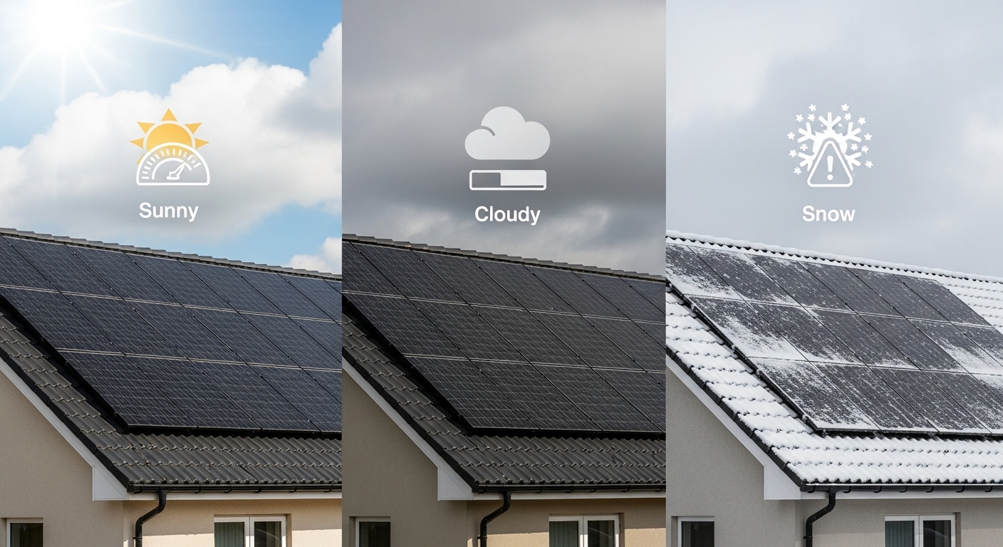 solar panels in different weather scenes showing how solar monitoring data helps track solar performance and energy usage stats.