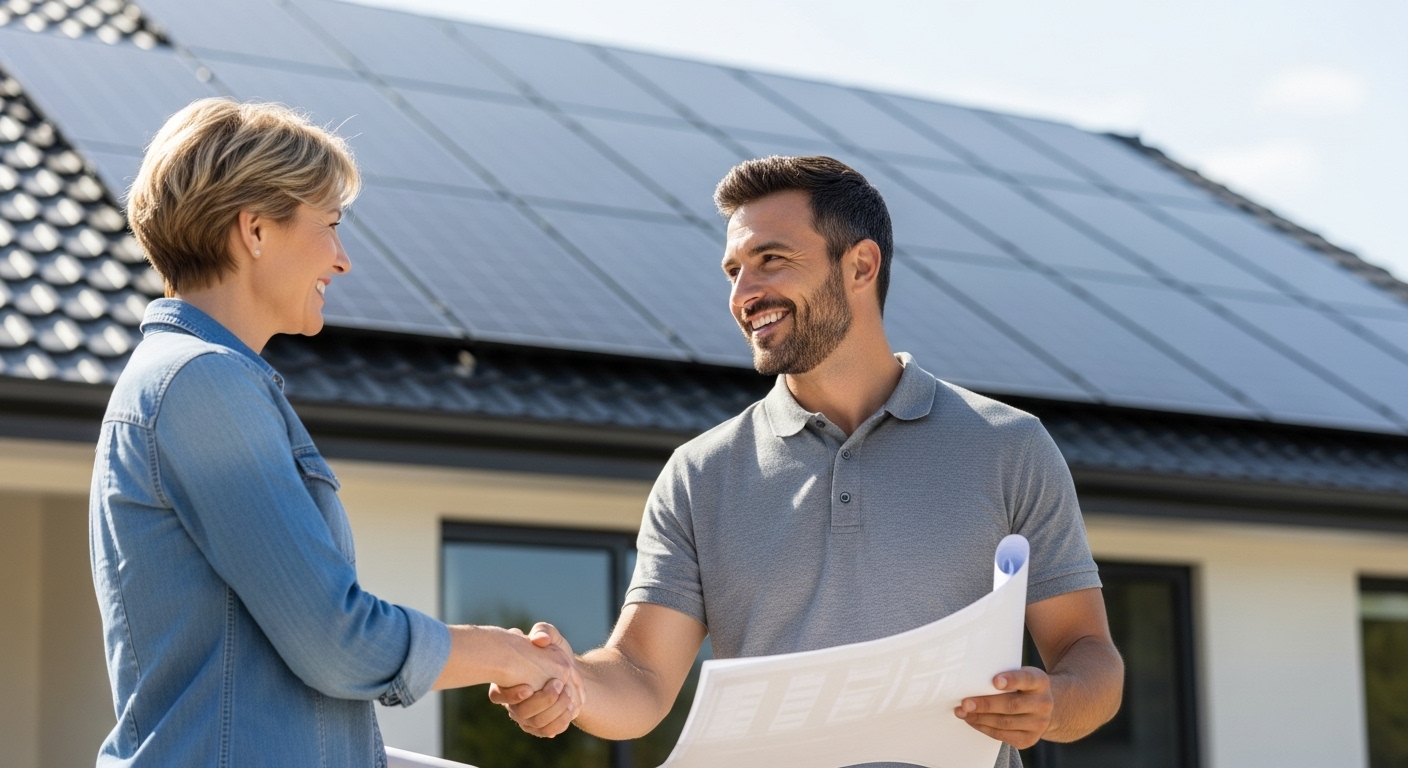 Homeowner shakes hands with a solar installer in front of a house with solar panels, illustrating excellent solar energy customer service.
