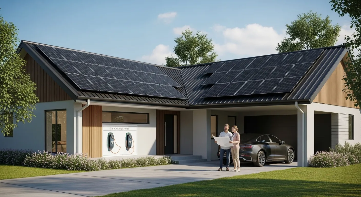 A couple reviewing blueprints outside a modern home with all-black solar panels and a parked EV, symbolizing plans to future-proof their solar system.