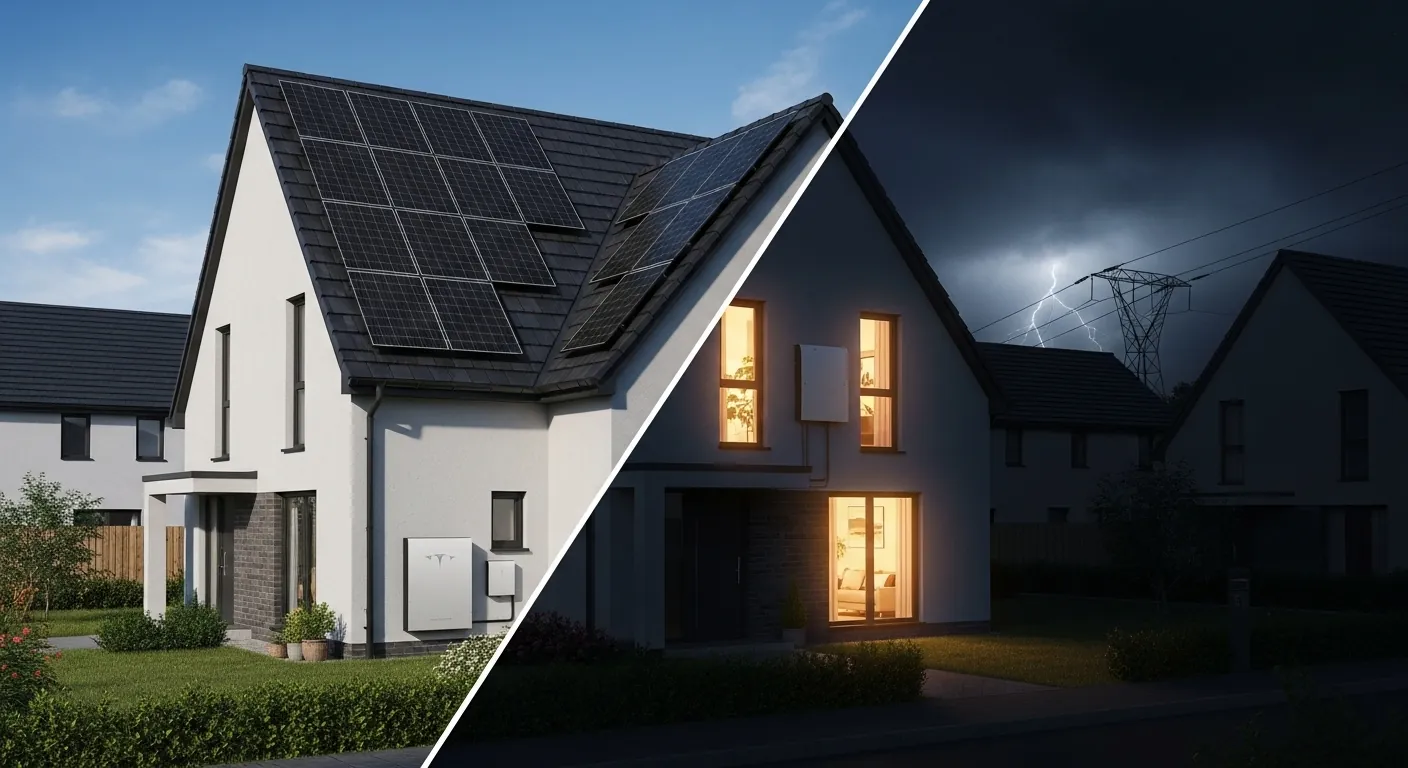 Modern home with solar and battery system stays brightly lit during a nighttime power outage, showing resilience and reduced energy bills.