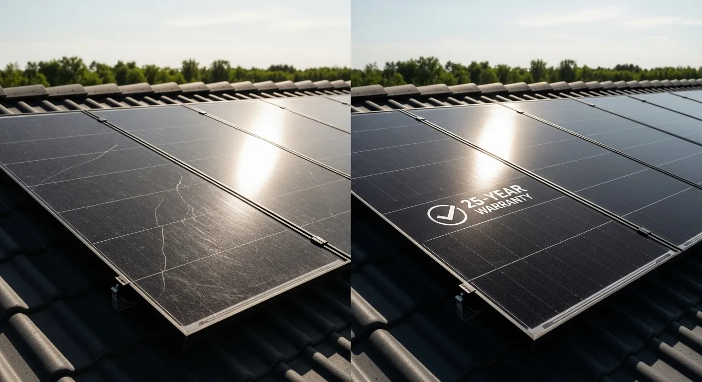 Side-by-side comparison showing low-cost solar panels with visible cracks next to premium panels with a 25-year warranty, illustrating the impact of solar panel quality and the risks of budget solar options.