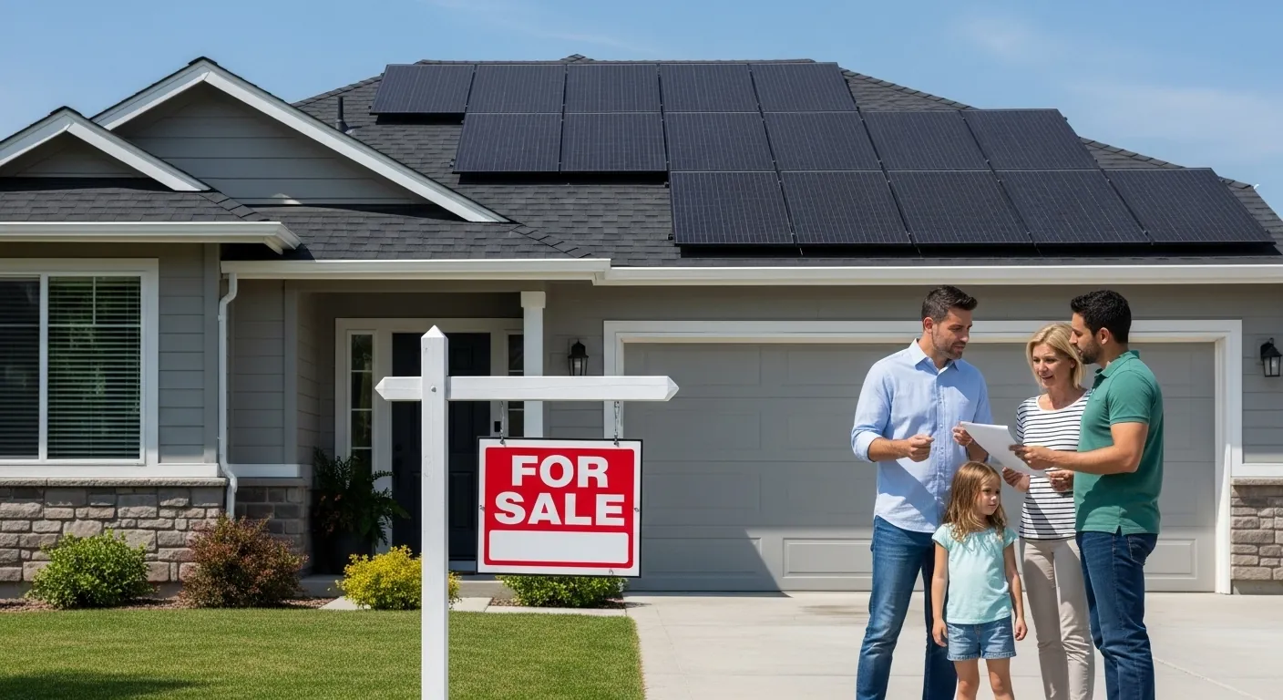 A family standing with a real estate agent in front of a modern home with solar panels and a “For Sale” sign, discussing selling a home with solar.