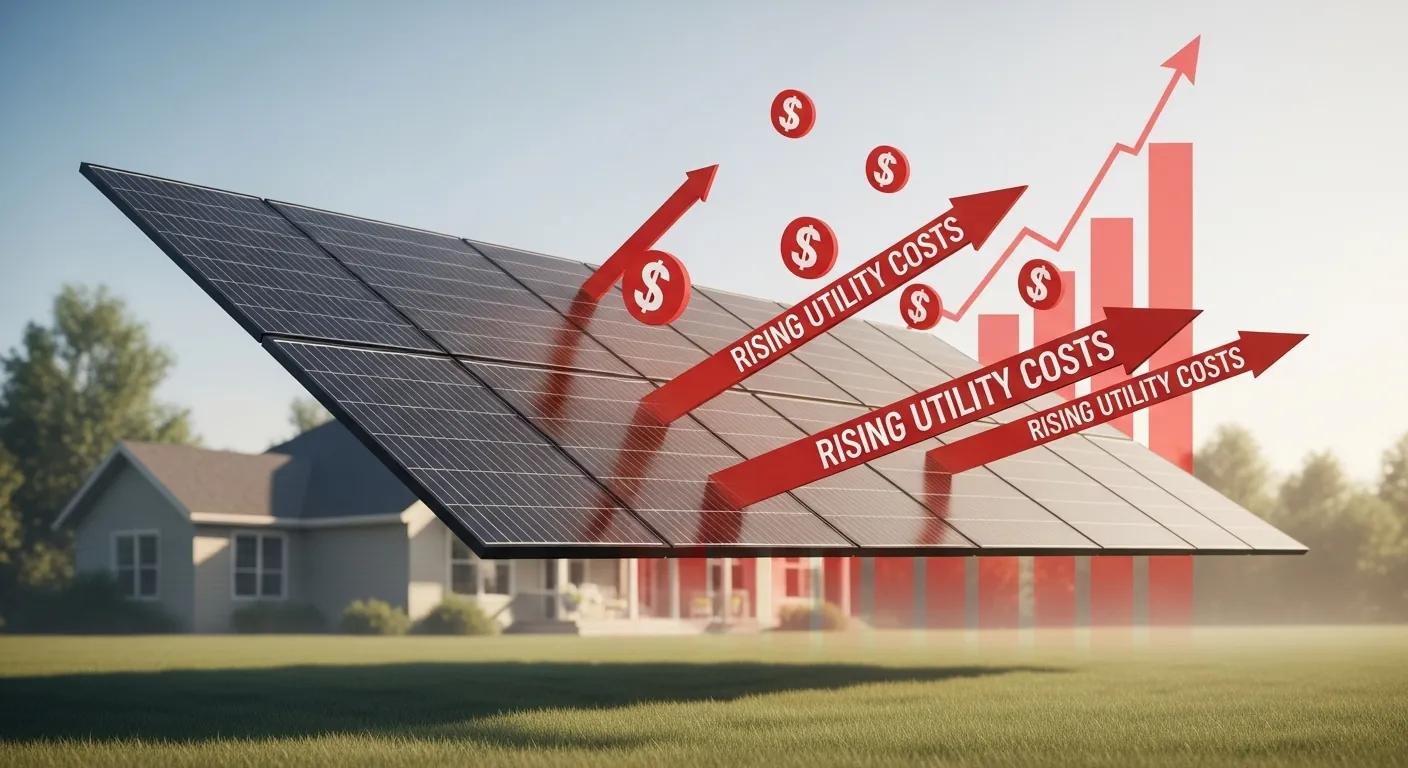 solar panels deflecting red arrows labeled 'Rising Utility Costs' with a backdrop of a graph symbolizing rising electricity prices, showing solar as protection against increasing energy bills.