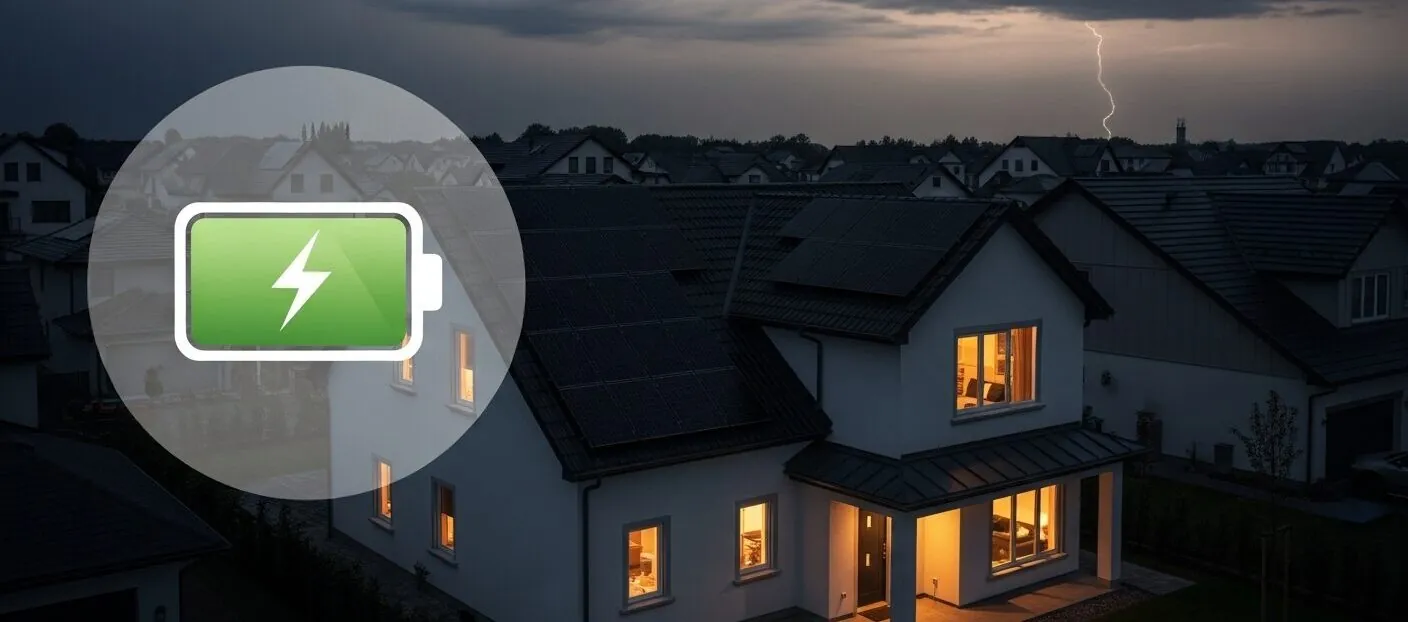 A home with solar panels and interior lights on during a blackout, illustrating how solar battery storage keeps power running when the grid is down.