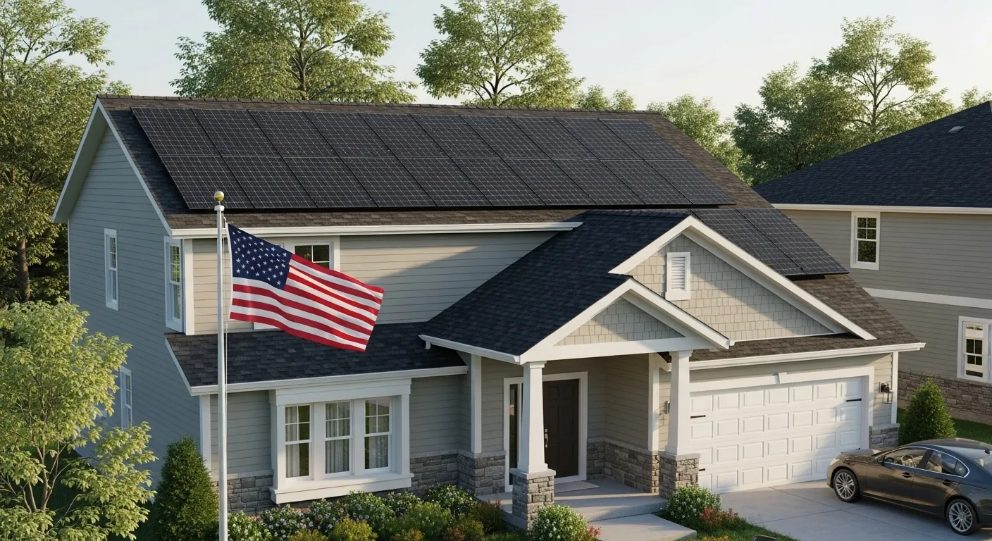 House with rooftop solar panels and a U.S. flag, representing ITC changes and the future of solar tax credit policies in the U.S.